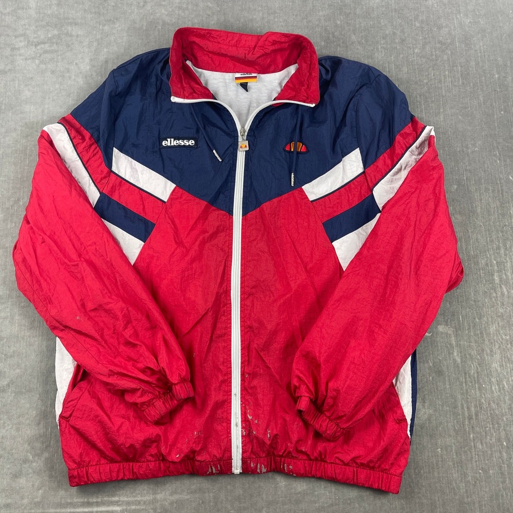 Ellesse Mens L Red Navy Blue Colorblock Vintage Full Zip Windbreaker Jacket